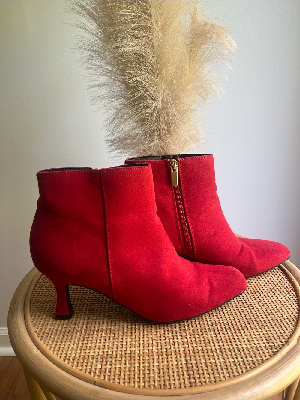 Red Faux Suede Ankle Boots with Low Heel - Cato, 8 wide